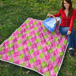 Pink And Green Argyle Pattern Print Quilt
