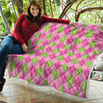 Pink And Green Argyle Pattern Print Quilt