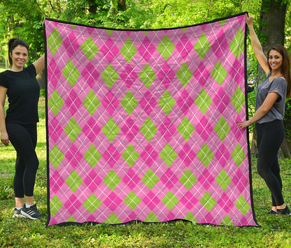 Pink And Green Argyle Pattern Print Quilt