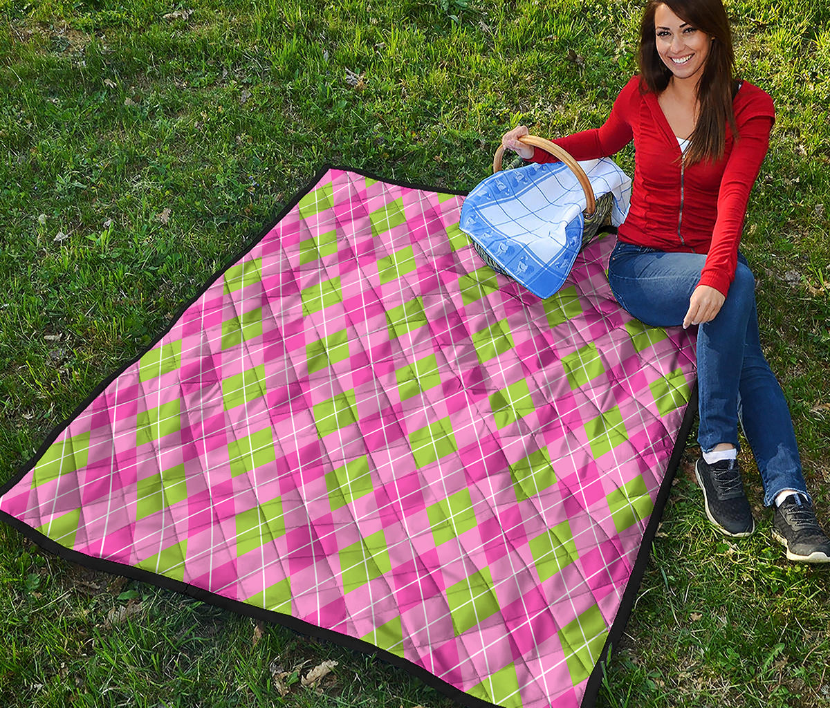 Pink And Green Argyle Pattern Print Quilt
