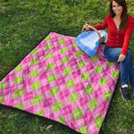 Pink And Green Argyle Pattern Print Quilt