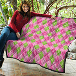 Pink And Green Argyle Pattern Print Quilt