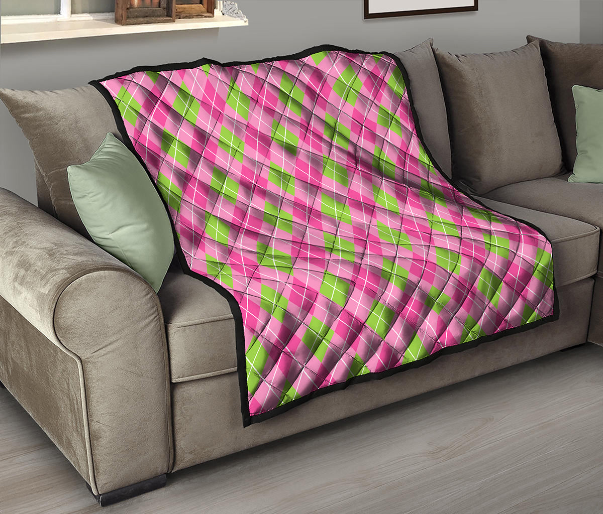 Pink And Green Argyle Pattern Print Quilt