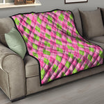 Pink And Green Argyle Pattern Print Quilt