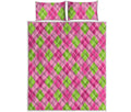 Pink And Green Argyle Pattern Print Quilt Bed Set