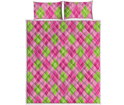 Pink And Green Argyle Pattern Print Quilt Bed Set