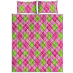 Pink And Green Argyle Pattern Print Quilt Bed Set