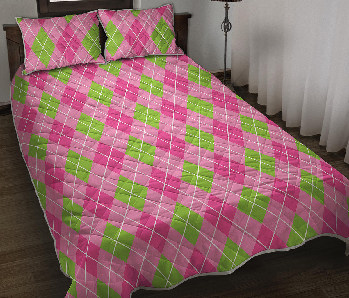Pink And Green Argyle Pattern Print Quilt Bed Set