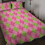 Pink And Green Argyle Pattern Print Quilt Bed Set