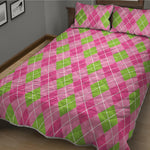 Pink And Green Argyle Pattern Print Quilt Bed Set