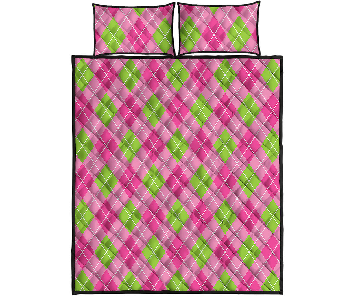 Pink And Green Argyle Pattern Print Quilt Bed Set