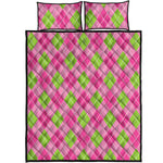 Pink And Green Argyle Pattern Print Quilt Bed Set