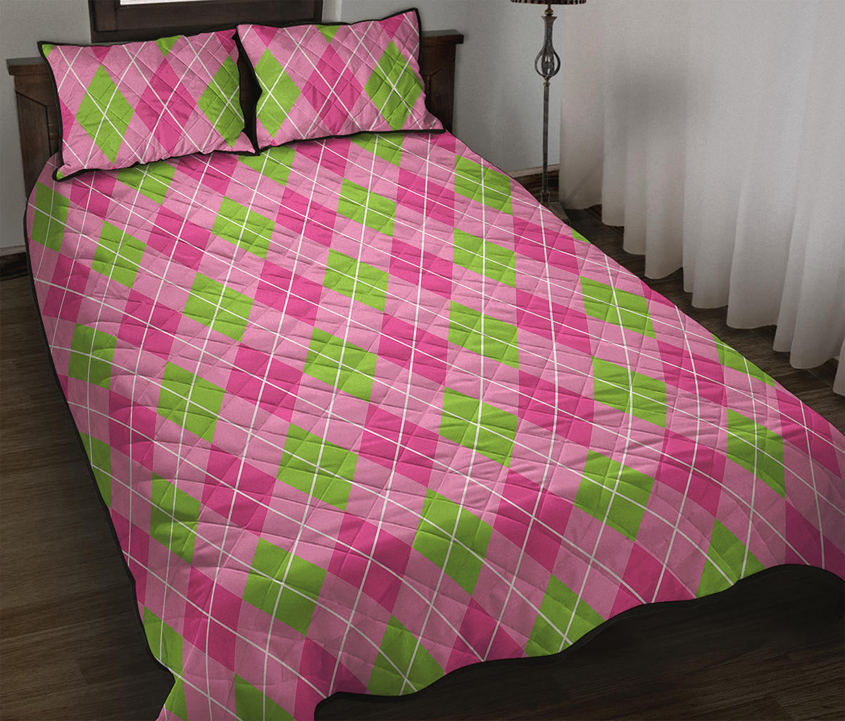 Pink And Green Argyle Pattern Print Quilt Bed Set