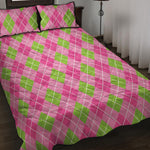 Pink And Green Argyle Pattern Print Quilt Bed Set