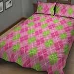 Pink And Green Argyle Pattern Print Quilt Bed Set