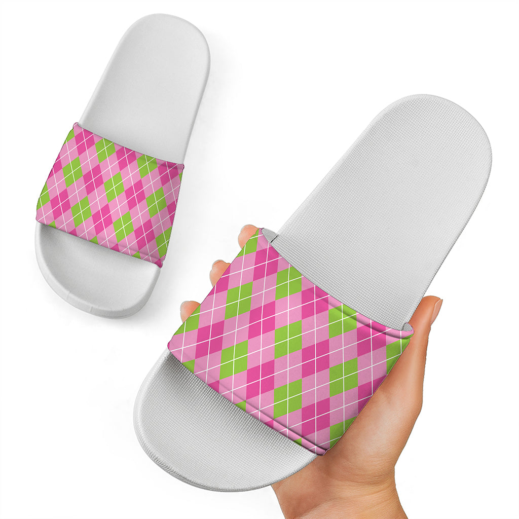 Pink And Green Argyle Pattern Print White Slide Sandals