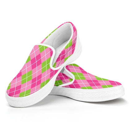 Pink And Green Argyle Pattern Print White Slip On Shoes