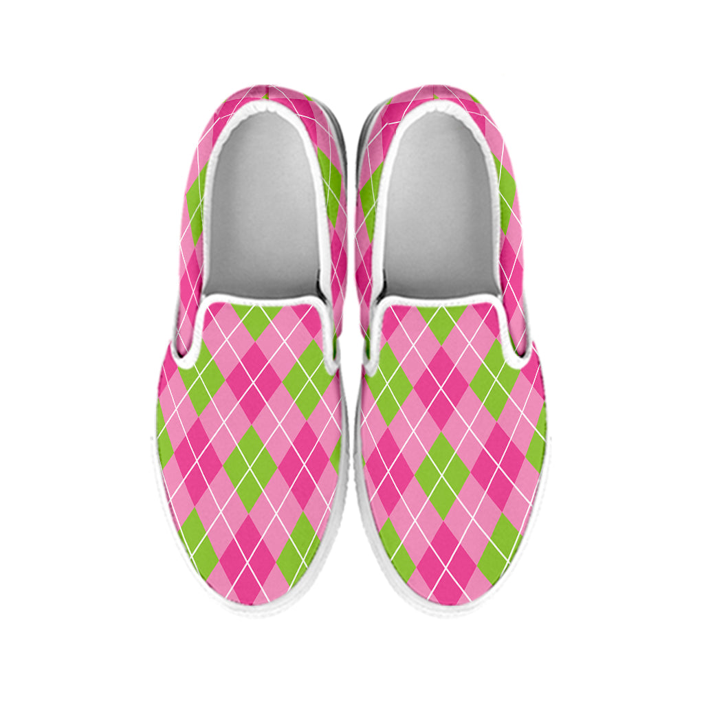 Pink And Green Argyle Pattern Print White Slip On Shoes