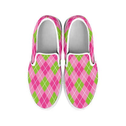 Pink And Green Argyle Pattern Print White Slip On Shoes