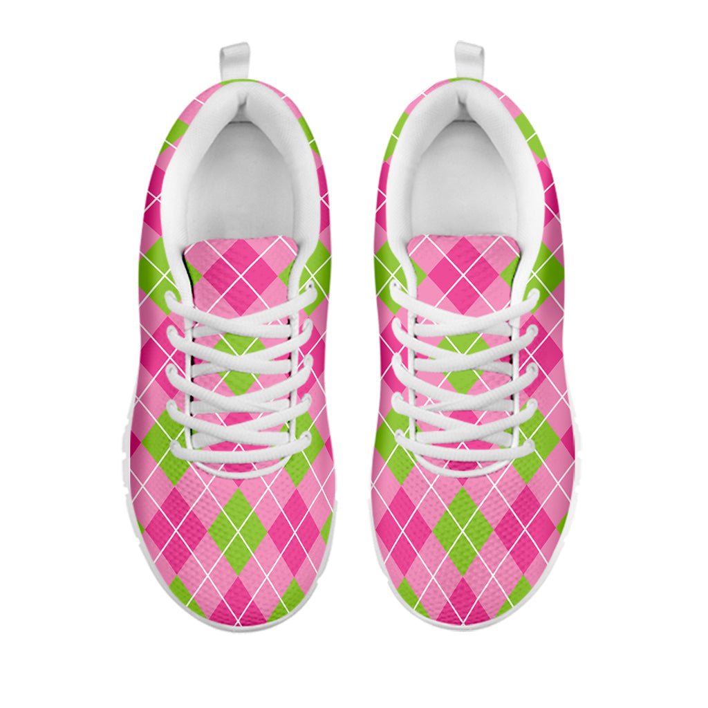 Pink And Green Argyle Pattern Print White Sneakers