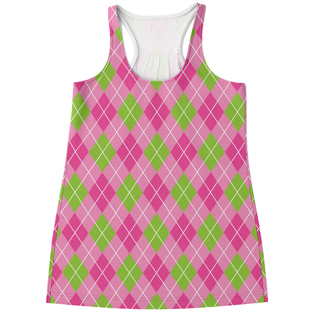 Pink And Green Argyle Pattern Print Women's Racerback Tank Top