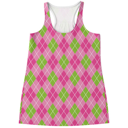Pink And Green Argyle Pattern Print Women's Racerback Tank Top