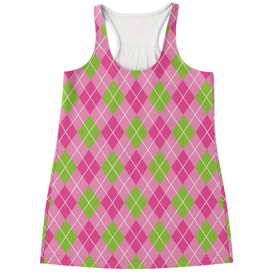 Pink And Green Argyle Pattern Print Women's Racerback Tank Top