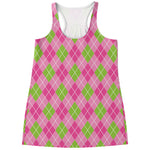 Pink And Green Argyle Pattern Print Women's Racerback Tank Top