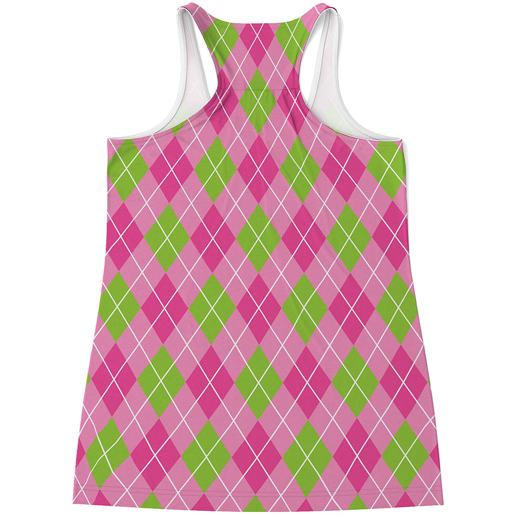 Pink And Green Argyle Pattern Print Women's Racerback Tank Top