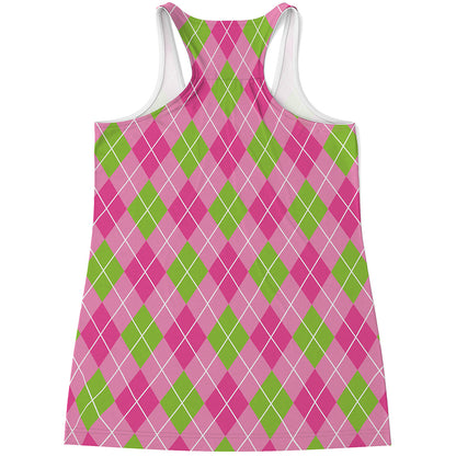 Pink And Green Argyle Pattern Print Women's Racerback Tank Top
