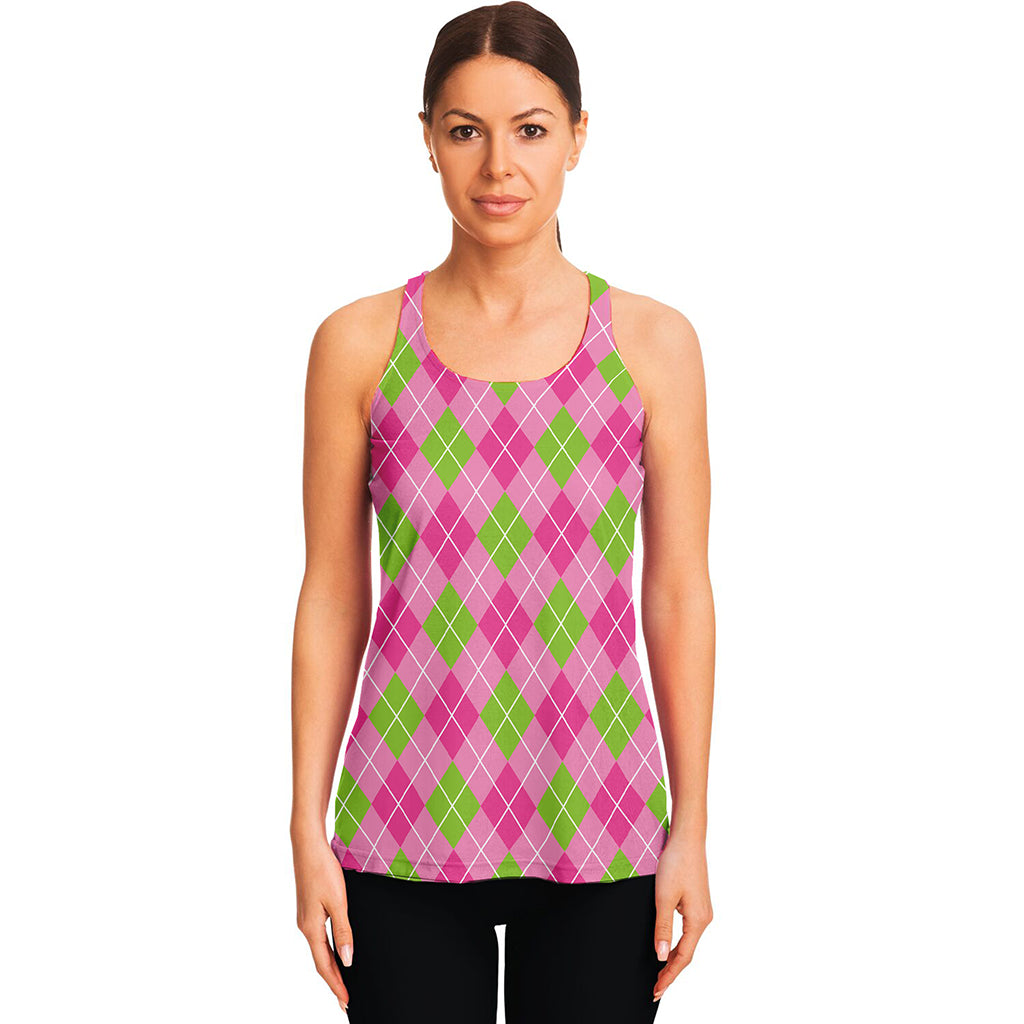 Pink And Green Argyle Pattern Print Women's Racerback Tank Top