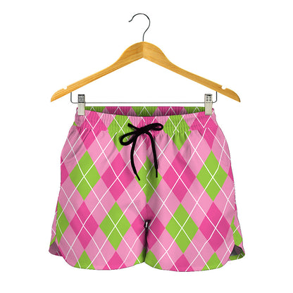 Pink And Green Argyle Pattern Print Women's Shorts