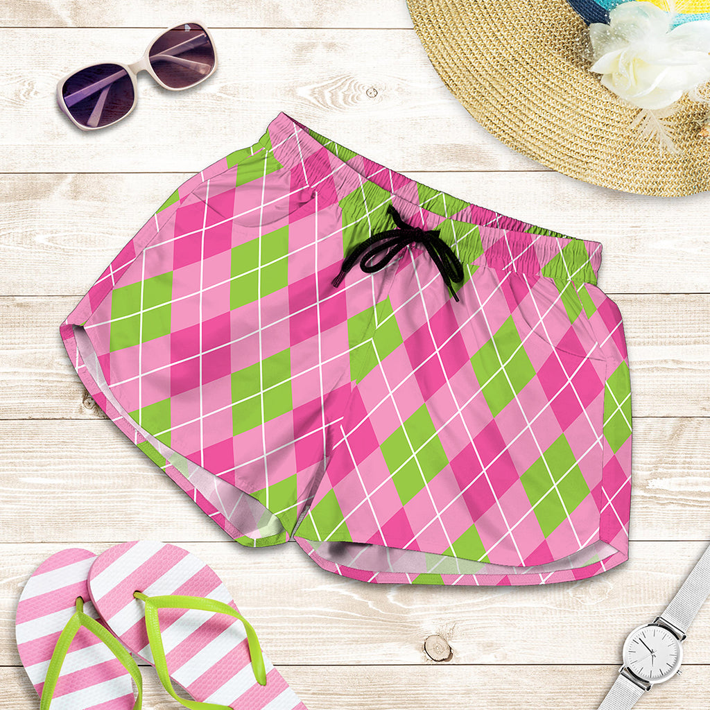 Pink And Green Argyle Pattern Print Women's Shorts
