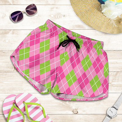 Pink And Green Argyle Pattern Print Women's Shorts