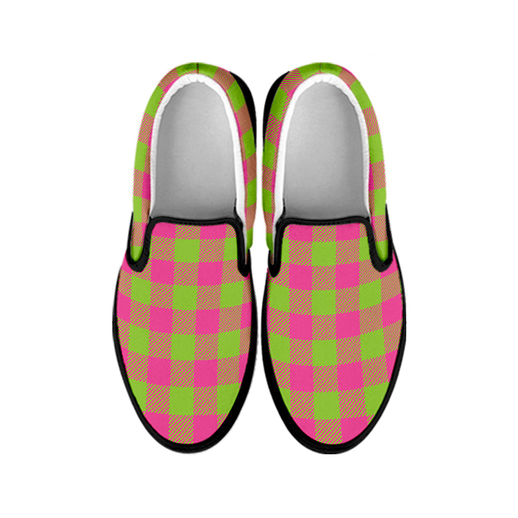 Pink And Green Buffalo Plaid Print Black Slip On Shoes