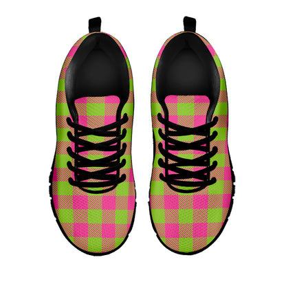 Pink And Green Buffalo Plaid Print Black Sneakers