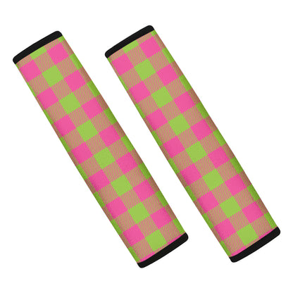 Pink And Green Buffalo Plaid Print Car Seat Belt Covers