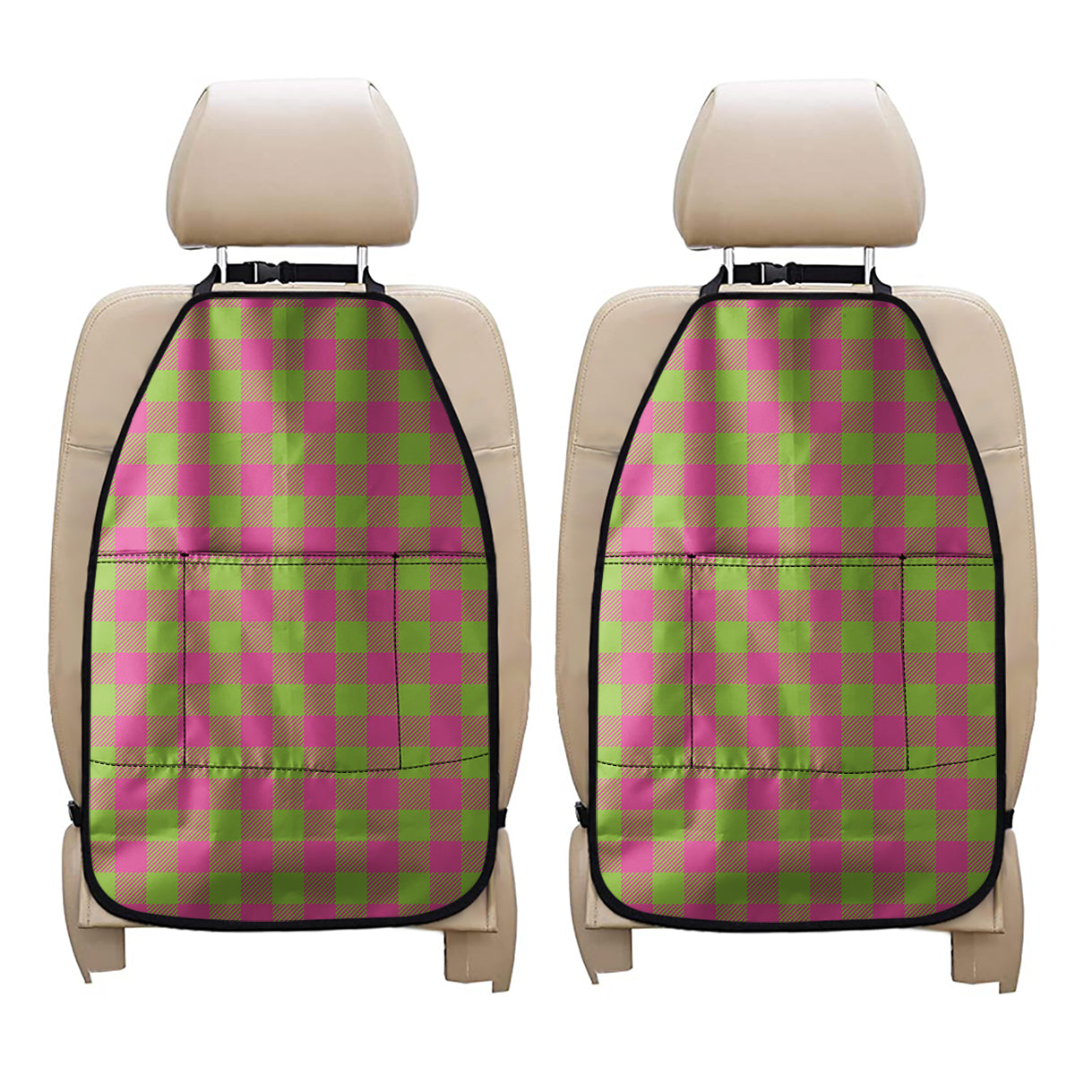 Pink And Green Buffalo Plaid Print Car Seat Organizers