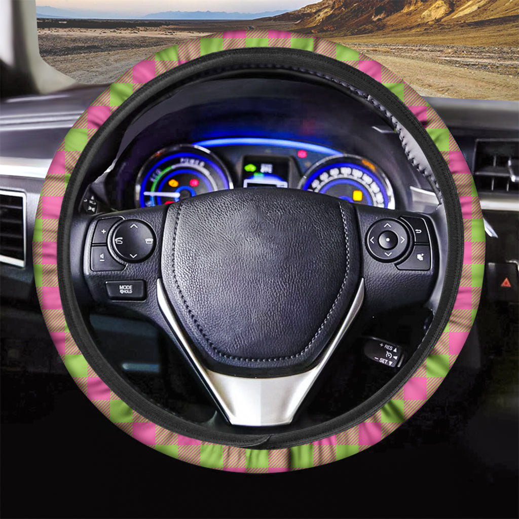 Pink And Green Buffalo Plaid Print Car Steering Wheel Cover