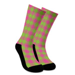 Pink And Green Buffalo Plaid Print Crew Socks