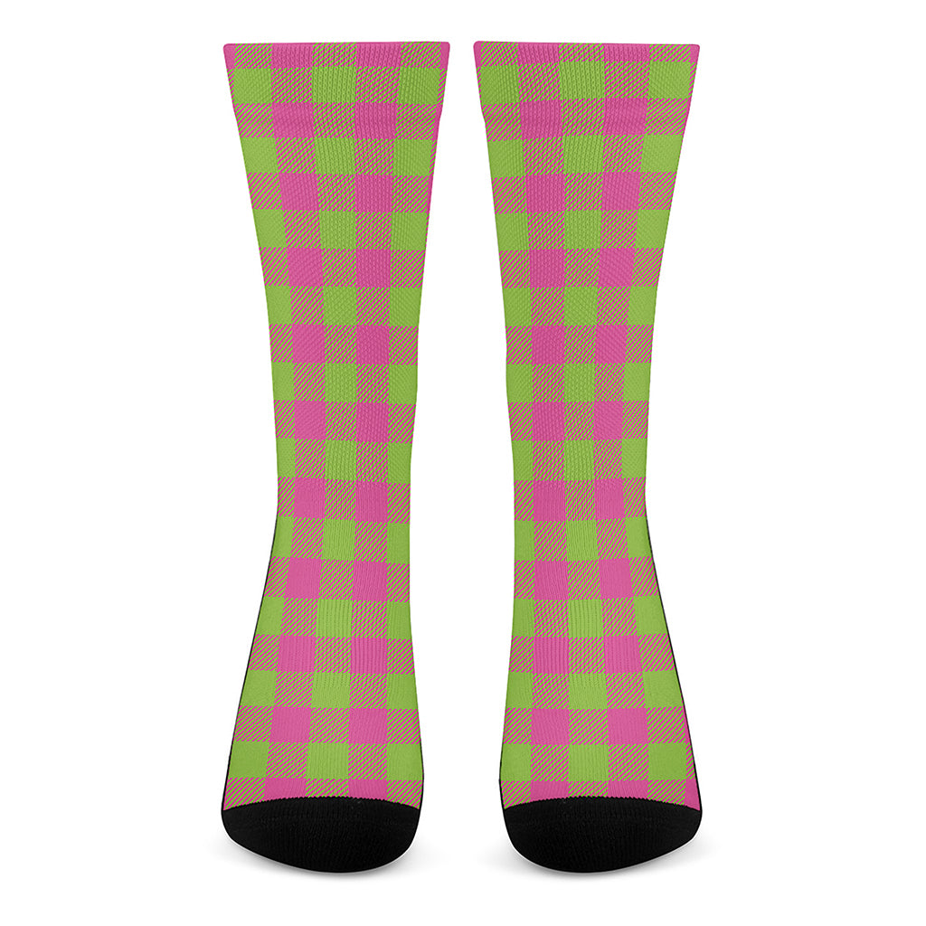 Pink And Green Buffalo Plaid Print Crew Socks