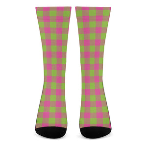 Pink And Green Buffalo Plaid Print Crew Socks