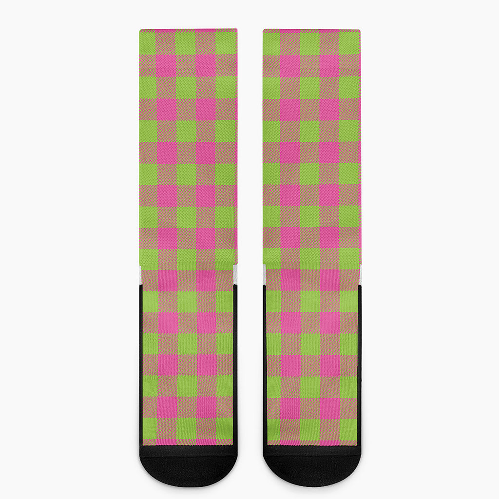 Pink And Green Buffalo Plaid Print Crew Socks