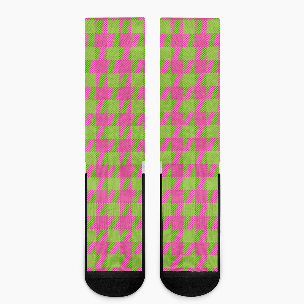 Pink And Green Buffalo Plaid Print Crew Socks