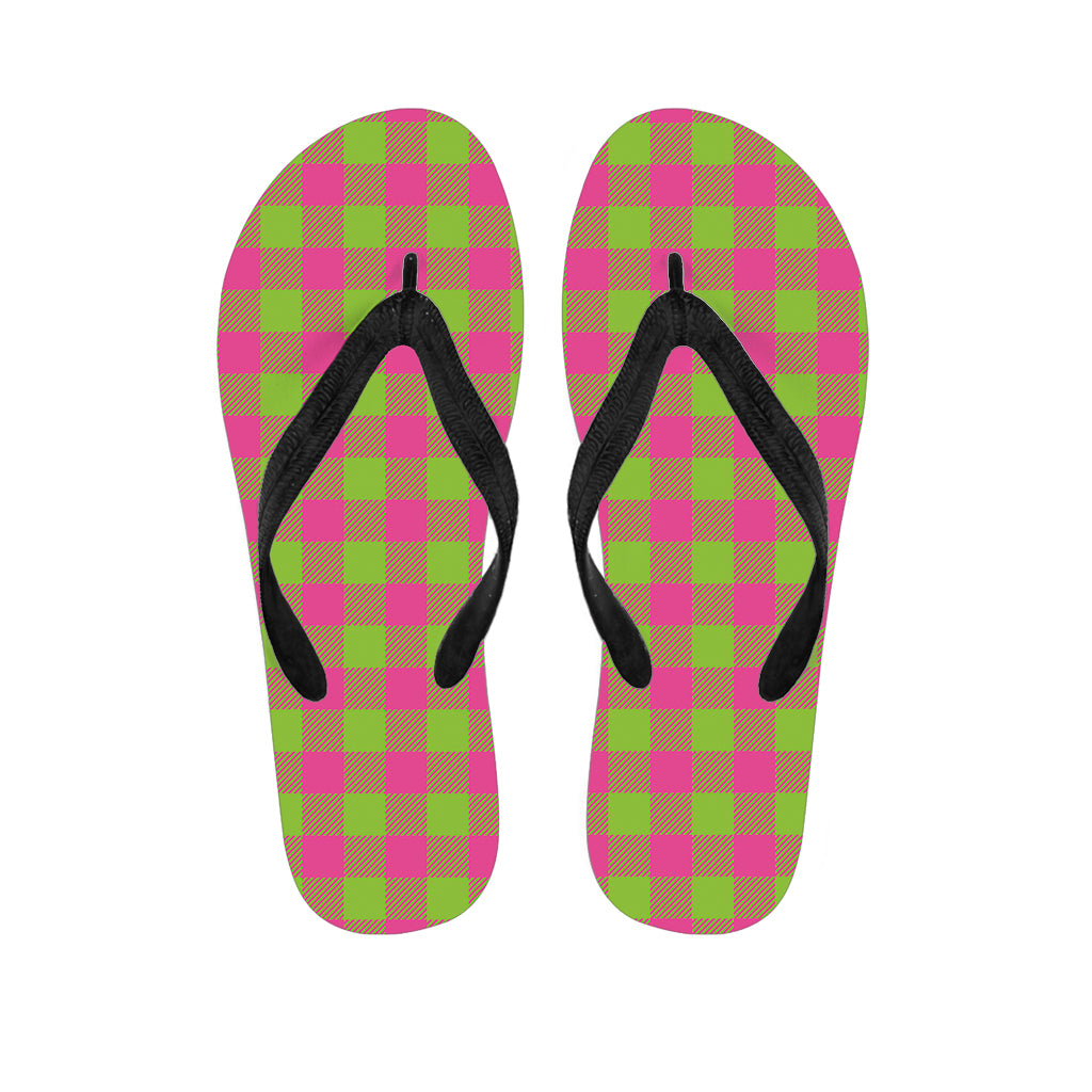 Pink And Green Buffalo Plaid Print Flip Flops