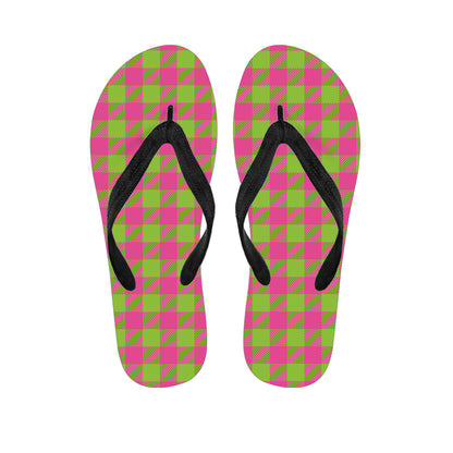 Pink And Green Buffalo Plaid Print Flip Flops