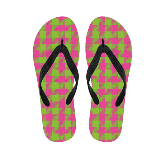 Pink And Green Buffalo Plaid Print Flip Flops
