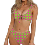 Pink And Green Buffalo Plaid Print Front Bow Tie Bikini