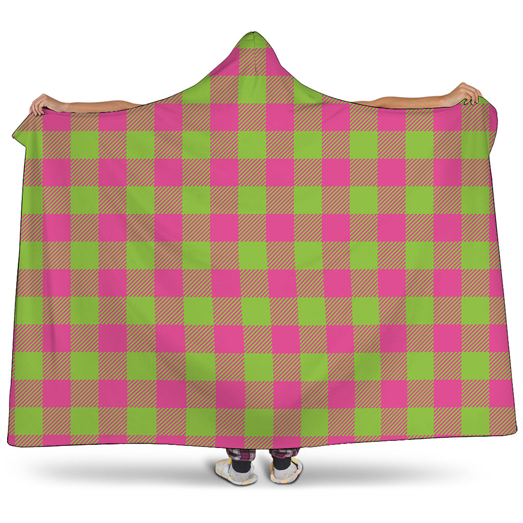 Pink And Green Buffalo Plaid Print Hooded Blanket