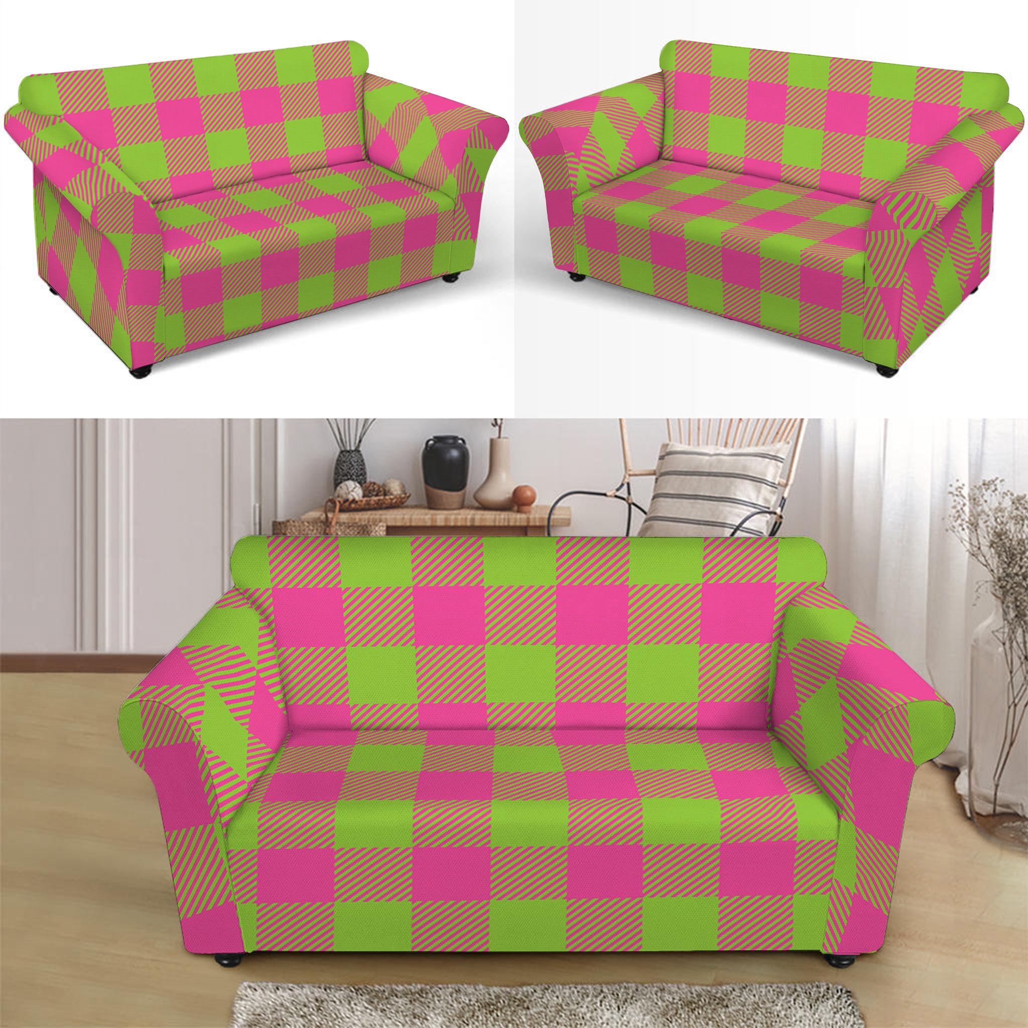 Pink And Green Buffalo Plaid Print Loveseat Slipcover